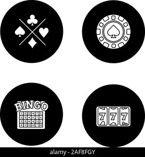 Casino glifo set di icone. Lucky 7, bingo, casino chip, giocando a carte tute. Vettore silhouette bianca illustrazioni di cerchi neri Illustrazione Vettoriale
