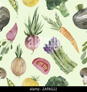 Acquerello vegetale modello senza cuciture su sfondo bianco. Barbabietole, carote, cetriolo, pomodoro, cipolla, aglio, patate, peperoni. illustrazione. Foto Stock