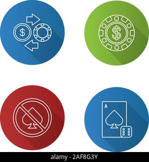 Casino lineare piana lunga ombra set di icone. Casino chip, carta da gioco e tagliare a dadini, token e denaro reale scambio, nessun gioco d'azzardo. Vettore illustrazione di contorno Illustrazione Vettoriale