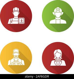 Professioni design piatto lungo ombra glifo icona. Le occupazioni. Pompiere, uomo del caricatore, segretario, lavoratore di ufficio, driver. Vettore illustrazione silhouette Illustrazione Vettoriale