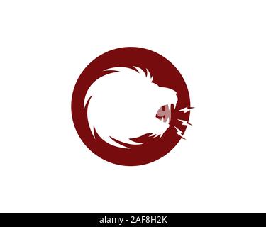 Lo spazio negativo testa leone ruggire con i fulmini fuori dalla sua bocca in un cerchio rosso logo Illustrazione Vettoriale