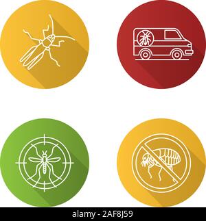 Controllo di Peste lineare piana lunga ombra set di icone. Grasshopper, sterminatore auto, target di zanzara, arrestare le pulci. Vettore illustrazione di contorno Illustrazione Vettoriale