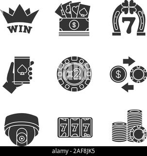 Casino glifo set di icone. Vincitore della corona, soldi veri casinò online, poker, Lucky sette, fiches exchange, videocamera di sorveglianza, doubledown. Silhou Illustrazione Vettoriale