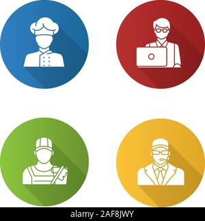 Professioni design piatto lungo ombra glifo icona. Le occupazioni. La guardia del corpo, detergente, tecnologo, freelance, cuocere. Vettore illustrazione silhouette Illustrazione Vettoriale