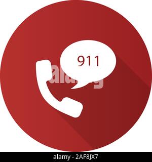 Servizio di chiamata di emergenza design piatto lungo ombra glifo icona. Ricevitore e discorso bolla con 911 numero interno. Vettore illustrazione silhouette Illustrazione Vettoriale