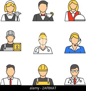 Professioni le icone a colori set. La cameriera barman, cameriera, uomo del caricatore, courier, medico, operatore di call center, lavoratore di ufficio, builder. Vettore isolato illust Illustrazione Vettoriale