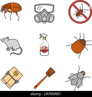 Pest Control le icone a colori set. Flea, respiratore, scarafaggi repellente, mouse trappola, roditore, colorado beetle, housefly, fly-swatter. Vettore isolato malato Illustrazione Vettoriale