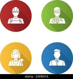 Professioni design piatto lungo ombra glifo icona. Le occupazioni. Builder, medico, cameriera, mattatore, lavoratore di ufficio. Vettore illustrazione silhouette Illustrazione Vettoriale