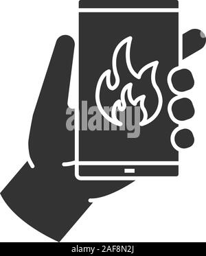 Di emergenza in caso di incendio chiamata icona glyph. Mano azienda smartphone con fiamma. Simbolo di Silhouette. Lo spazio negativo. Vettore illustrazione isolato Illustrazione Vettoriale