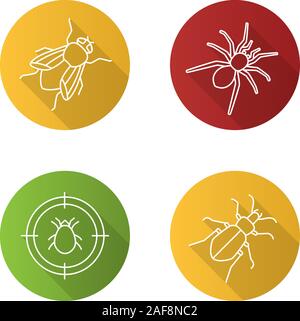 Controllo di Peste lineare piana lunga ombra set di icone. Target di acari, massa beetle, spider, housefly. Vettore illustrazione di contorno Illustrazione Vettoriale