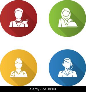 Professioni design piatto lungo ombra glifo icona. Le occupazioni. Medico, operatore di call center, il barman, cameriera. Vettore illustrazione silhouette Illustrazione Vettoriale