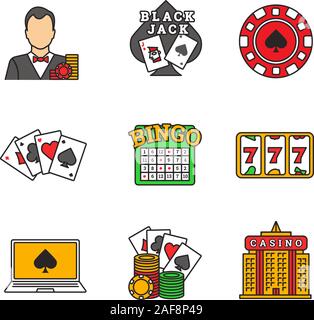 Casino di icone a colori set. Croupier, blackjack, casino chip, quattro assi, Lucky sette, bingo, poker online casino, edificio. Isolato illustrazioni vettoriali Illustrazione Vettoriale