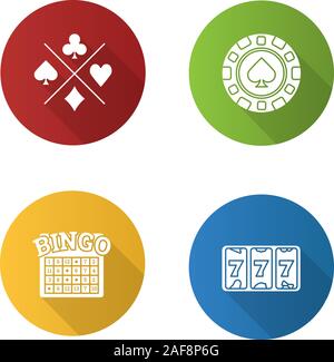 Casino design piatto lungo ombra glifo set di icone. Lucky 7, bingo, casino chip, giocando a carte tute. Vettore illustrazione silhouette Illustrazione Vettoriale