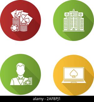Casino design piatto lungo ombra glifo set di icone. Croupier, pile di fiches, edificio casino, poker online. Vettore illustrazione silhouette Illustrazione Vettoriale