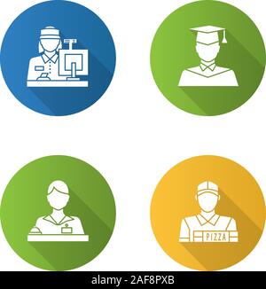 Professioni design piatto lungo ombra glifo icona. Le occupazioni. Il receptionist, Segretario Cassiere, pizza deliveryman, studente laureato. Silhouette di vettore Illustrazione Vettoriale