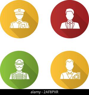 Professioni design piatto lungo ombra glifo icona. Le occupazioni. Poliziotto, soldato, croupier, lavoratore di ufficio. Vettore illustrazione silhouette Illustrazione Vettoriale
