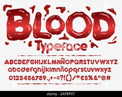 Font di sangue. Halloween bloody lettere illustrazione. Alfabeto di vettore con numeri e glifi. Illustrazione Vettoriale