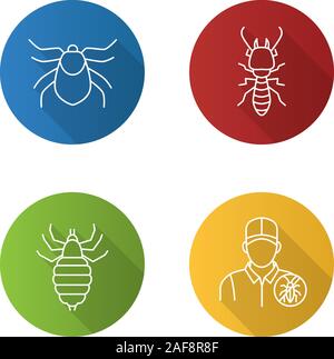 Controllo di Peste lineare piana lunga ombra set di icone. Acaro, termite, pidocchio, sterminatore. Vettore illustrazione di contorno Illustrazione Vettoriale