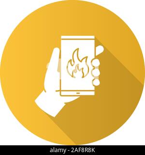Emergenza incendio chiamando design piatto lungo ombra glifo icona. Mano azienda smartphone con fiamma. Vettore illustrazione silhouette Illustrazione Vettoriale