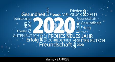 Nuvola di parole con il nuovo anno 2020 saluti e sfondo blu Illustrazione Vettoriale