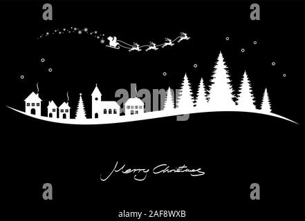 Silhouette bianca di Babbo Natale con la slitta e le renne sopra una chiesa, case e conifere isolati su sfondo nero con Natale e Anno Nuovo gr Illustrazione Vettoriale