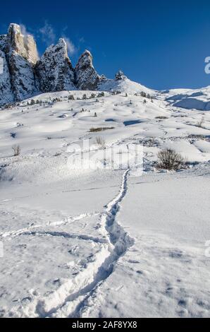 Il Passo Sella è il terzo di sette di montagna delle Dolomiti passa piloti cross nell'annuale Maratona dles Dolomites a singolo giorno gara ciclistica. Foto Stock