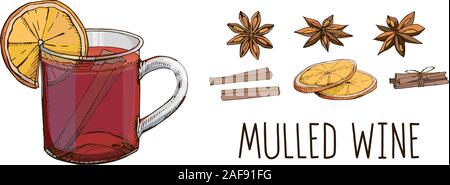 Vin brulé con spezie e fettine di arancia. Set di colorate immagini vettoriali e lettering moderno isolato su bianco. L'inverno. Popolare bevanda di Natale. Illustrazione Vettoriale