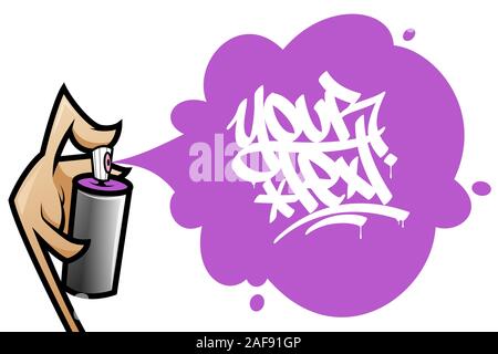 Cartoon mano che tiene un aerosol una spruzzatura di vernice graffiti testo banner. Illustrazione di vettore isolato su sfondo bianco. Illustrazione Vettoriale