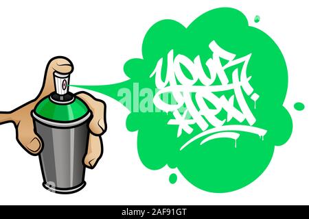 Cartoon mano che tiene un aerosol una spruzzatura di vernice graffiti testo banner. Illustrazione di vettore isolato su sfondo bianco. Illustrazione Vettoriale
