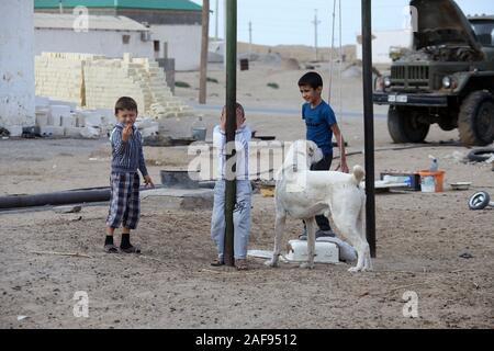 I bambini al villaggio Erbent nelle zone rurali il deserto del Karakum area del Turkmenistan Foto Stock