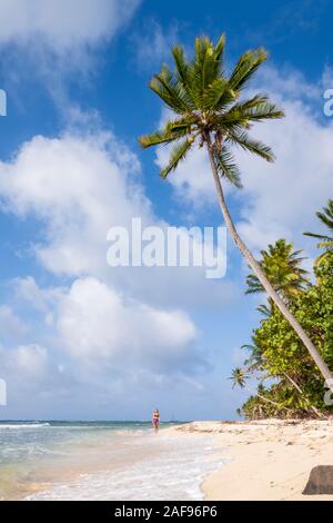 Una donna che cammina lungo una spiaggia tropicale idilliaco Foto Stock