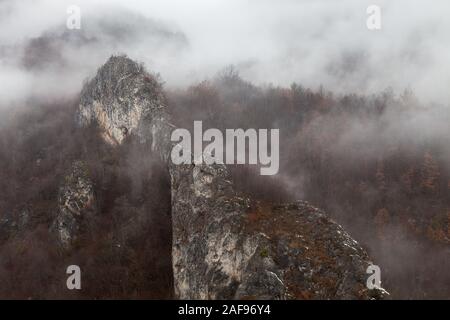 Morbido, misty, spooky vista di forma incredibile scogliera rocciosa, nebbia fitta e rosso, autunno alberi colorati Foto Stock