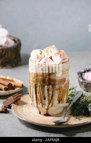 Cioccolata calda o di cacao con marshmallow servito in tazza ceramica con piattino, bastoncini di cannella, cioccolato tritato, zucchero rosa e la brocca di crema sulla linguetta grigia Foto Stock