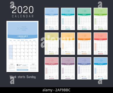 Anno 2020 calendario colorate. Mensilmente una pagina agenda di parete. Settimana inizia Domenica. Template vettoriale. Illustrazione Vettoriale