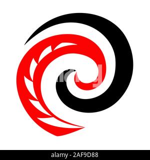 Koru Maori di turbolenza a spirale squali dente logo o icona in rosso e nero Illustrazione Vettoriale