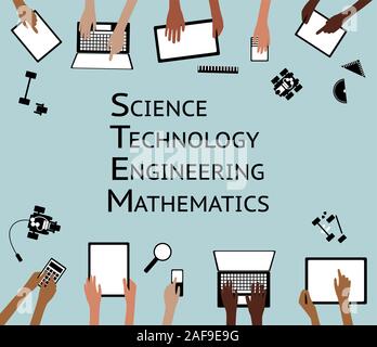 Stelo Scienza Tecnologia Engineering Maths dispositivo Cloud compresse e mani raggruppati e stratificati Illustrazione Vettoriale