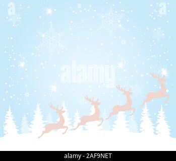 Illustrazione vettoriale di sfondo di Natale con alberi, neve e renne. Illustrazione Vettoriale