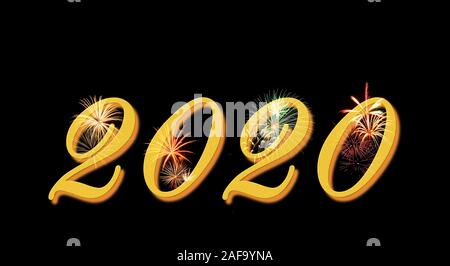 Felice Anno Nuovo 2020 Numeri golden su sfondo nero con festosi fuochi d'artificio Foto Stock