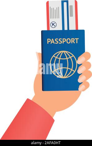Business mano azienda passaporto e biglietti di aereo oltre il concetto di piatto. lato utente design, illustrazione vettoriale graphic Illustrazione Vettoriale