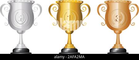 Oro, Argento e bronzo coppe trofeo su sfondo bianco. Illustrazione Vettoriale