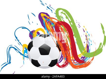Multicolore di pennellate e di calcio palla su sfondo bianco. Illustrazione Vettoriale