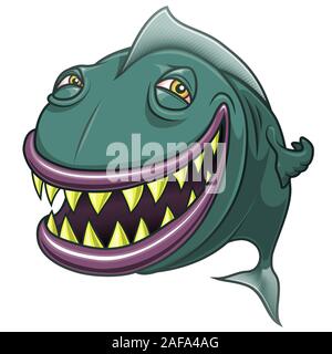 Sorridendo felice fumetto di pesce. Divertente illustrazione vettoriale. Isolato su sfondo bianco. Illustrazione Vettoriale