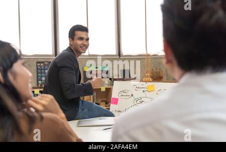 Indian business man e il suo team presentazioni e riunioni in ufficio moderno design idee di pianificazione del concetto Foto Stock