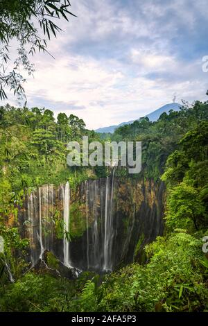 Vista da sopra, splendida vista aerea del Tumpak Sewu cascate noto anche come Coban Sewu con il vulcano Semeru in distanza, Malang Regency,E Foto Stock