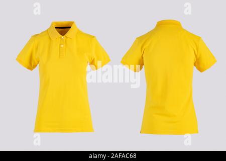 Giallo womens blank Polo shirt, vista anteriore e posteriore isolato su bianco su manichino invisibile Foto Stock