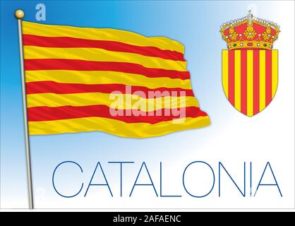 Catalonia ufficiale regionale bandiera e stemma, Spagna, Unione europea, illustrazione vettoriale Illustrazione Vettoriale