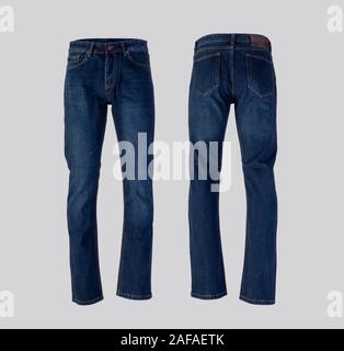 Uomini jeans blu isolato su sfondo bianco, vista anteriore e posteriore Foto Stock