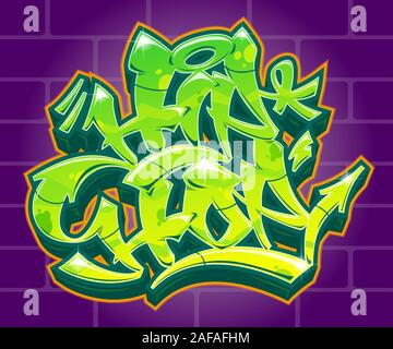 Hip hop vettore etichetta scritta in stile graffiti. Vettore verde lettere banner design. Illustrazione Vettoriale