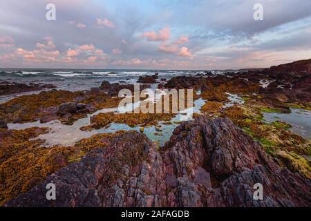 Bella luce all'alba su New Scenic 5 posti spiaggia rocciosa.Bassa marea in acqua dolce West,Pembrokeshire,South Wales,UK.maestoso paesaggio costiero e colorati di cielo. Foto Stock