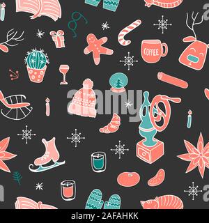 Modello senza cuciture con hygge disegnati a mano elementi. Contorno di oggetti su sfondo scuro per il design accogliente. Illustrazione Vettoriale. Illustrazione Vettoriale